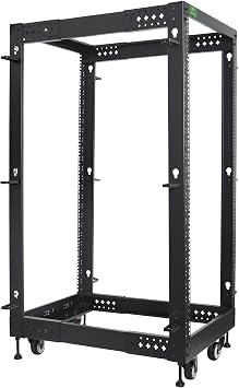 RIVECO 25U Server Rack Adjustable Depth Network 4 Post Cabinet Open Frame with Leveling Feet & Wheels Fully Rivets 1400 LBS