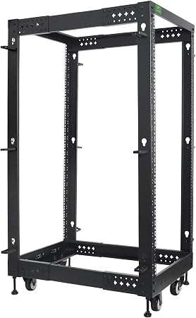 RIVECO 25U Server Rack Adjustable Depth Network 4 Post Cabinet Open Frame with Leveling Feet & Wheels Fully Rivets 1400 LBS
