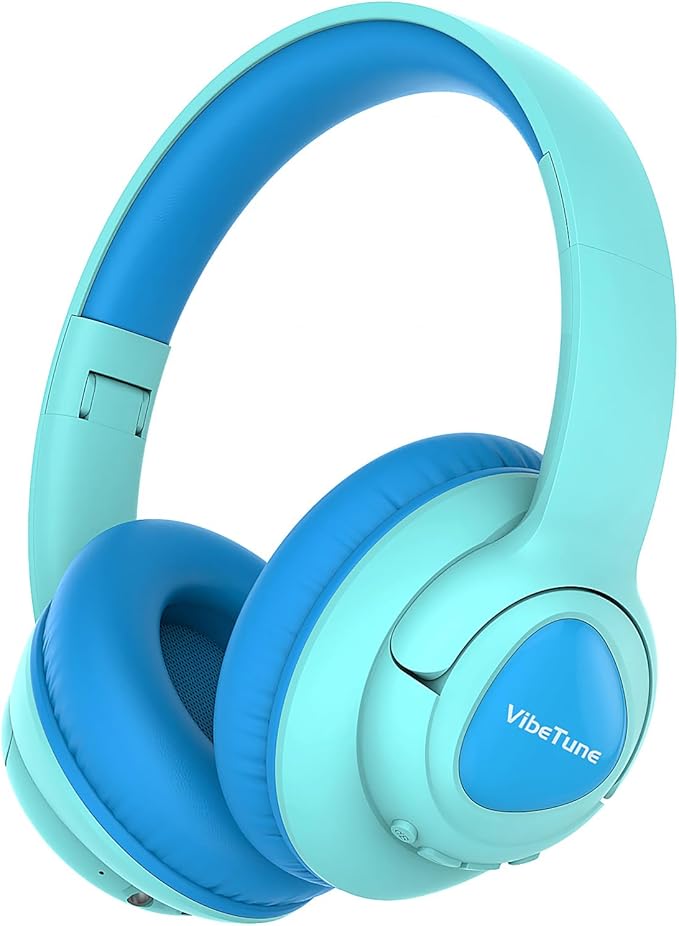 VibeTune Kids Bluetooth Headphones, 60H Playtime, Volume Limited 85/94dB, Bluetooth 5.4, Type-C Fast Charging, Foldable Wireless Headphones for Kids, Toddler Headsets with HD Mic-Blue Macaron