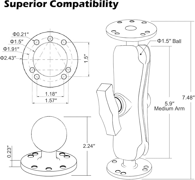 Aluminum 1.5" Double Ball Mount with Two AMPS Round Plates, Tablet, Fish Finder Mount, Double Socket Arm with 1.5 inches / 38mm / C Size Ball, Compatible with RAM, Arkon, iBolt and More