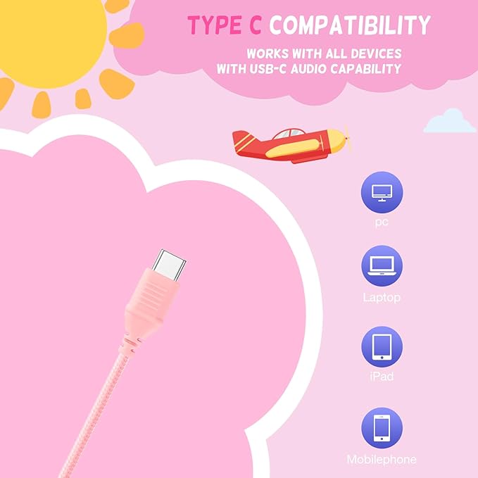 USB Type C Kids Headphones for School, Wired Toddler Headphones, 94dB Volume Limited, HD Stereo Sound, Foldable Lightweight On-Ear Wired Headphones for Kids/Children/Teens/Boys (Light Pink)
