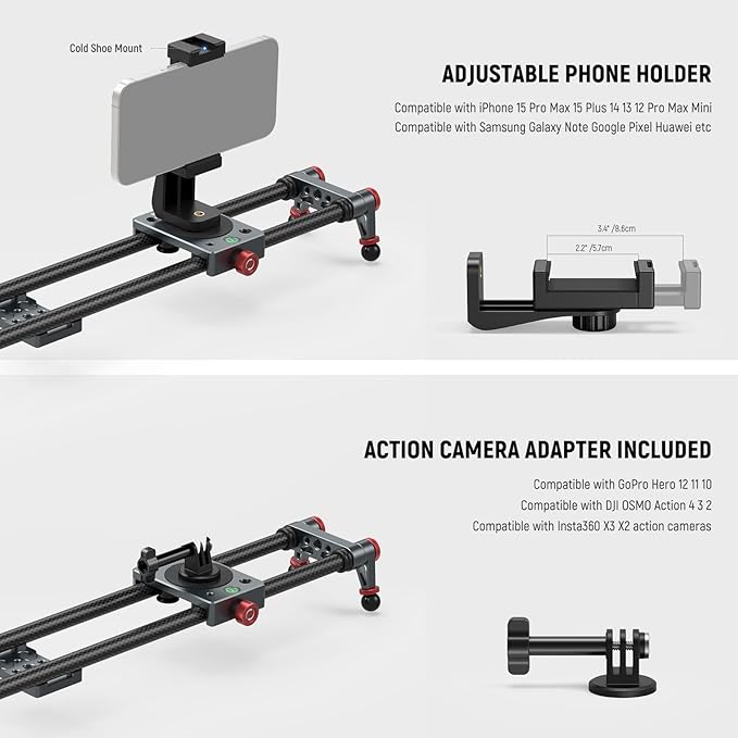 NEEWER 24in/60cm Carbon Fiber Camera Slider with 360° Ball Head/Phone Clamp/Action Camera Mount, Dolly Rail Track with 4 Bearings & Adjustable Legs, Compatible with GoPro Insta360 iPhone Android, CS2M
