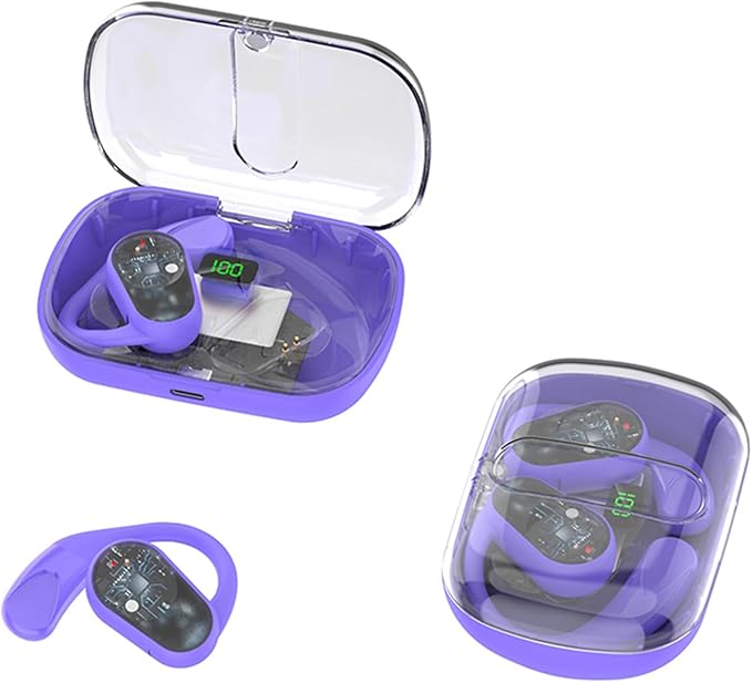Purple Open Ear Bone Conduction Earbuds with Earhooks, Wireless Bluetooth, Sports Open Ear Headphones for Work, Running, Exercising, Gaming, Music, Travel