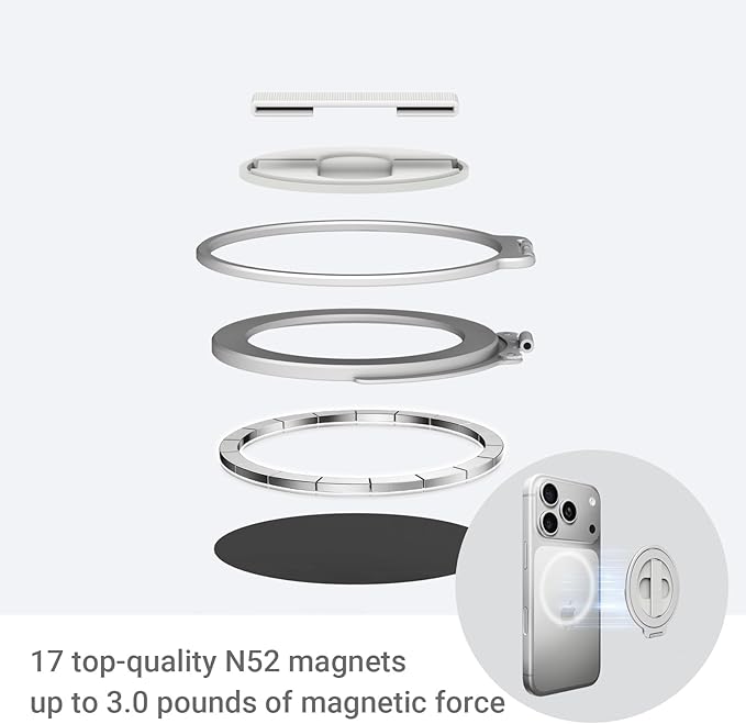 Grat 4 for Magsafe Magnetic Phone Grip Stand, 360° Rotatable Elastic Strap Loop, Detachable Ultra-Thin Aluminum Ring Kickstand Compatible with iPhone 17 Pro Max Air 16 15 14 13 12, Silver