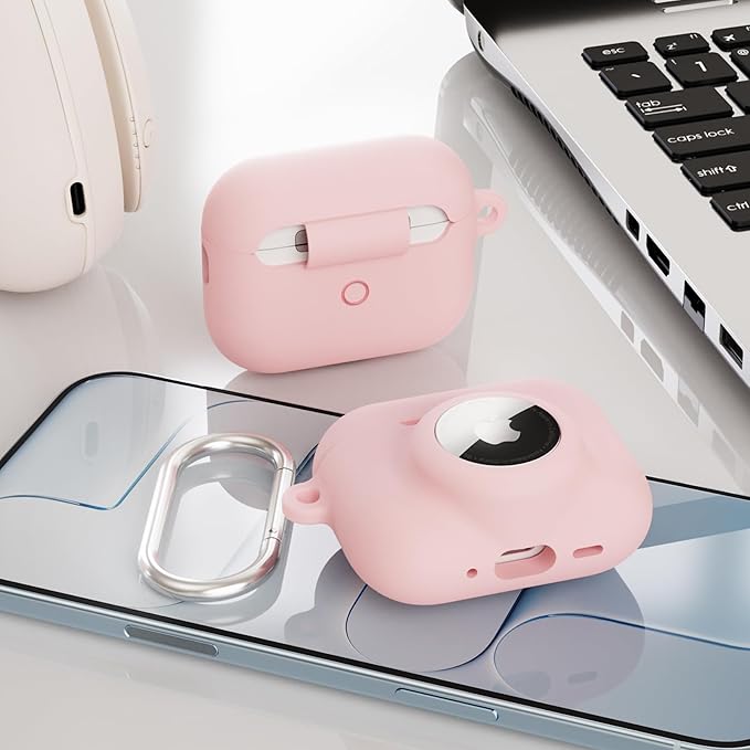 2 in 1 Silicone Case Compatible with AirPods Pro 3 and AirTag 2/1, Shockproof Protective Case Cover for AirPods Pro 3rd Generation 2025 with Cleaner Kit & Carabiner (Pink)
