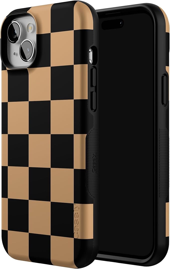 Casely iPhone 15 Plus Case | Fit Check | Black & Brown Checkerboard | Bold Protective Design | MagSafe Compatible Design