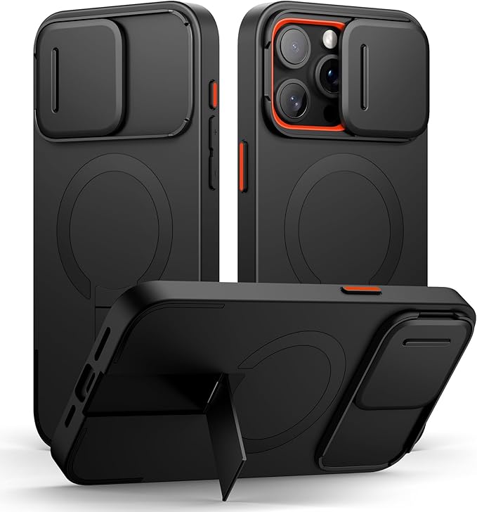 SURITCH for iPhone 15 Pro Max Case with Magnetic Camera Slide Cover and Adjustable Kickstand, Compatible with MagSafe, Shockproof Bumper Case Slim Protective Cover 6.7 Inch, Black