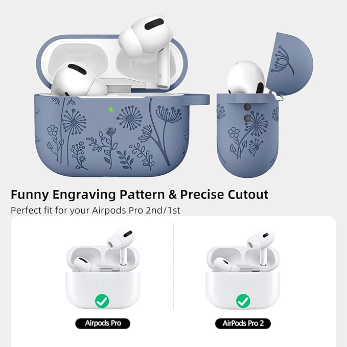 Lerobo Flower Engraved Cover for Airpod Pro Case 2nd 1st Generation Cute, Full Protective Soft Silicone Case Compatible with Apple AirPod Pro/AirPods Pro 2 Case USB C, Front LED Visible, Lavender Gray