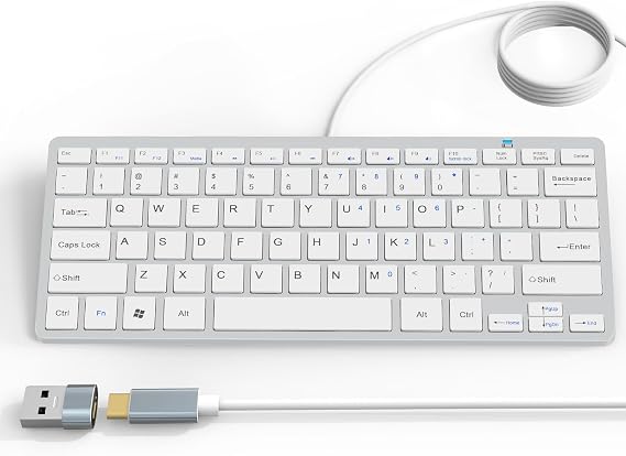 Ultra-Slim 78keys USB-C Mini Wired Keyboard with Media Hotkeys for Apple Mac Pro, MacBook 56Pro/ iMac, Air, Mac mini, Laptop Computers, Windows Desktop PC 11/10/8/7, with USB-C to A OTG Adapter,White