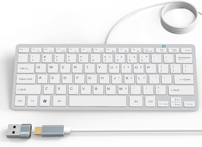 Ultra-Slim 78keys USB-C Mini Wired Keyboard with Media Hotkeys for Apple Mac Pro, MacBook 56Pro/ iMac, Air, Mac mini, Laptop Computers, Windows Desktop PC 11/10/8/7, with USB-C to A OTG Adapter,White