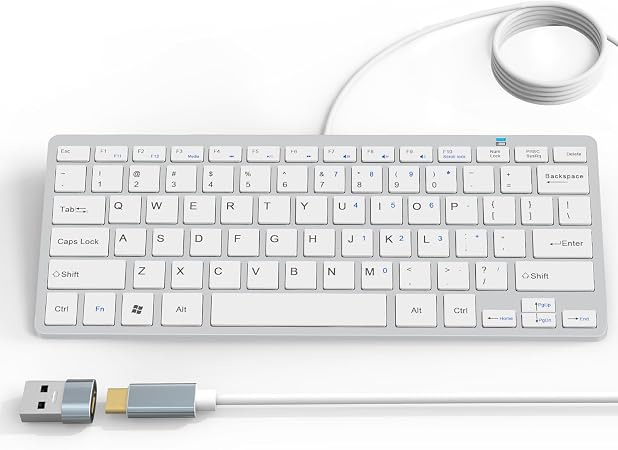 Ultra-Slim 78keys USB-C Mini Wired Keyboard with Media Hotkeys for Apple Mac Pro, MacBook 56Pro/ iMac, Air, Mac mini, Laptop Computers, Windows Desktop PC 11/10/8/7, with USB-C to A OTG Adapter,White