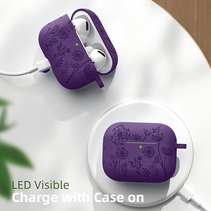 Lerobo Flower Engraved Case for Airpod Pro/Airpod Pro 2, Cute Silicone Skin Full Protective Cover Compatible with Apple Airpods Pro 2nd/1st Generation with Keychain Purple