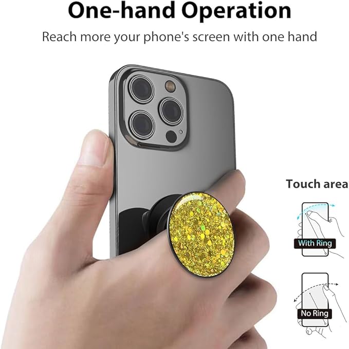 Phone Grip, Phone Ring Holder Finger Kickstand, Foldable & Adjustable Metal Cell Phone Rings Gripper Stand Work with Magnetic Car Mount for iPhone Samsung &Other Phones - Sparkle Yellow