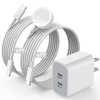 Super Fast Charger for Apple Watch & iPhone, 40W Dual USB C Port Fast Charger Adapter with 6FT Long Apple iWatch Cable and USB C to C Cord Compatible with Apple Watch Series 10/9/8/7/SE/6/5, iPhone 17