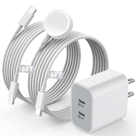 Super Fast Charger for Apple Watch & iPhone, 40W Dual USB C Port Fast Charger Adapter with 6FT Long Apple iWatch Cable and USB C to C Cord Compatible with Apple Watch Series 10/9/8/7/SE/6/5, iPhone 17