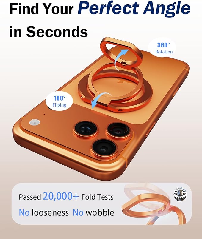 Phone Grip for MagSafe,360°& 180°Rotation Magnetic Phone Ring Holder with Kickstand,Dual-Ring Thin Phone Stand for 17/16/15/14/13/12 Series-Orange