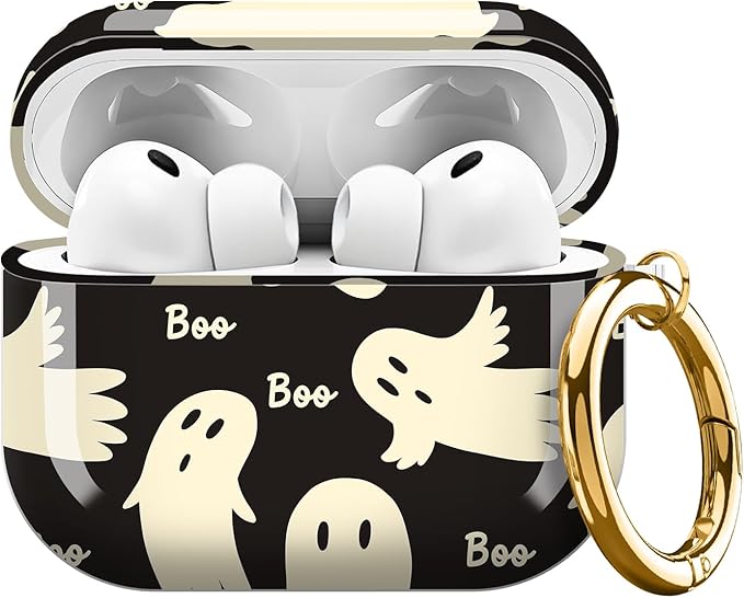 AirPod Pro 3 (2025) Case Cover for Women, Cute Shockproof TPU Protective Case with Gold Round Buckle, Anti-Drop Design Cute Ghost