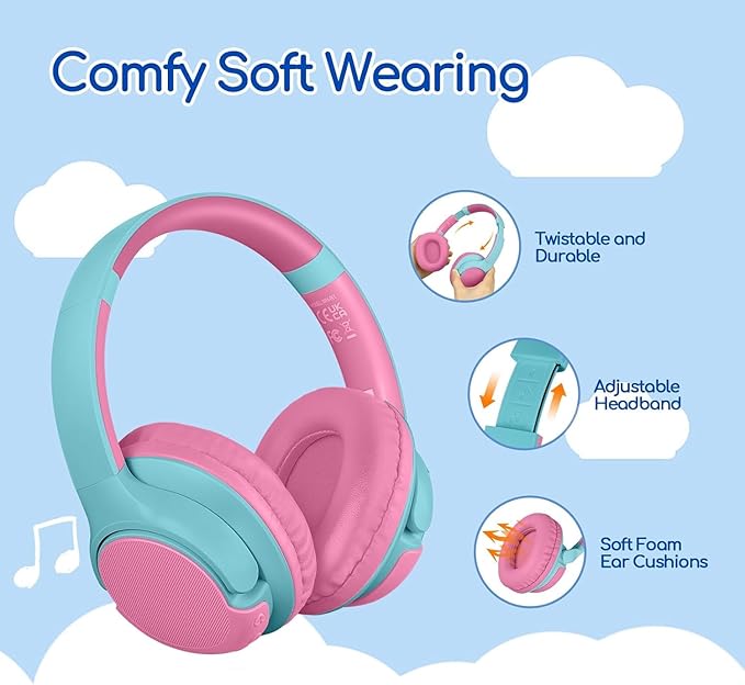 ZIHNIC Kids Bluetooth Headphones, 40Hrs Play time, Kids Wireless Headphones Over Ear with 85dB/94dB Volume Limited - Pink