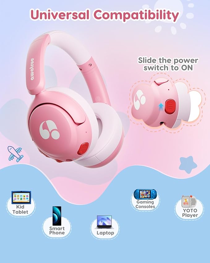 Kids Bluetooth Headphones, 85dB Volume Limiter, Foldable Wireless Over-Ear Headphones for iPad, Travel, 75H Playtime, Bluetooth 5.4, Built-in Mic, Pink