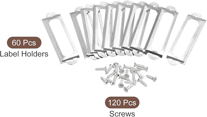 uxcell Metal Label Holders, 60x17mm 60pcs File Name Card Tag Label Holder Frame for Office Library Drawer Cabinet Shelves, Silver Tone