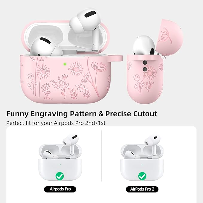 Lerobo Flower Engraved Cover for Airpods Pro Case 2nd 1st Generation Case USB C, Soft Silicone Full Protective Cover Compatible with Apple AirPod Pro/Pro 2 Case, Front LED Visible, Pink