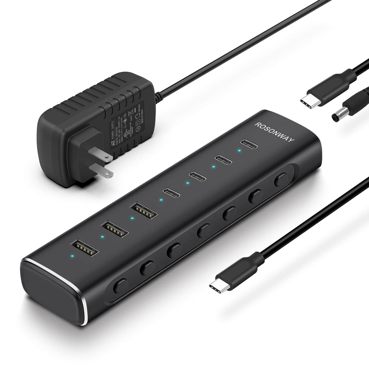 Rosonway 7 Ports Powered USB 3.2/USB C Hub 10Gbps with 4 USB-C 3.2, 3 USB-A 3.2 Ports, 3.3ft Cable and 36W(12V/3A) Power Adapter, Aluminum USB Splitter for Laptop, RSH-H7C4