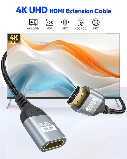 4K HDMI Extension Cable 6.6FT HDMI Extender, HDMI Male to Female Adapter Cord 4K@60Hz, 2K, 1080P, ARC, HDR, 3D Compatible with Laptop, HDTV, Monitor, Roku, Fire TV Stick, Xbox, PS5/PS4