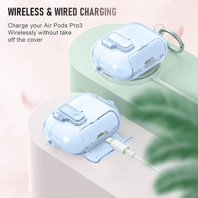 for AirPods Pro 3 Case (2025) with Cleaner Kit, Cute with Lock Clid and Cleaner Kit,[Auto Pop-Up] Soft TPU Clear Cover with Bracket & Dustproof Design for AirPods Pro Case with Keyring(2025)