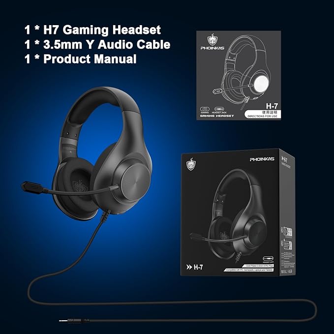 Gaming Headset for PS5 PS4 PC, Wired Headsets with 7.1 Surround Sound, H-7 Gaming Over Ear Headphones with Noise Cancelling Flexible Mic Memory Earmuffs, for PC/PS5/PS4/XboxSeries X/S/Switch（Black）