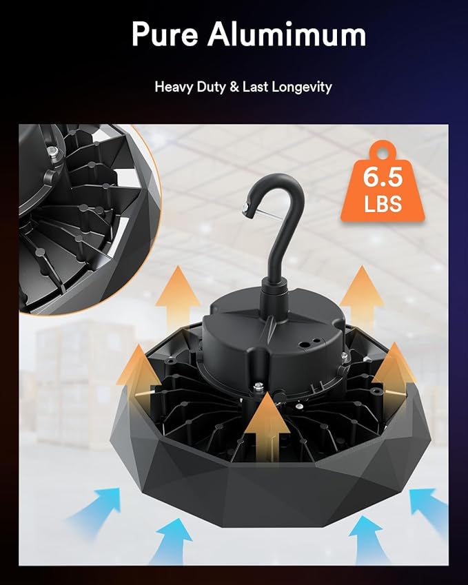 Lumary Bluetooth UFO LED High Bay Light with Remote, Adjustable Motion Detection, 16,000lm 5000K Daylight for Shop Garage, Aluminum Fin, Work with Alexa via Hub(Sold Separately), 120-277V, 100W