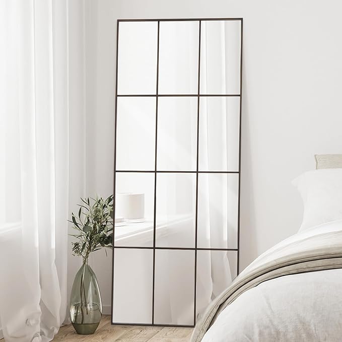 Windowpane Mirror Full Length 71"x30" Wall Mounted Mirror Faded Bronze Frame Vintage Distressed Art Pane Leaning Hanging Wall for Home Decor in Living Room Bedroom Hallway Entrance