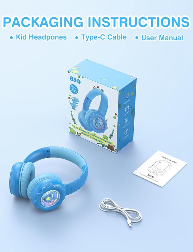 Kids Bluetooth Headphones, Rainbow LED Light, Dinosaur Buddy, 85dB Volume Limited, 60 Hours Playtime, Bluetooth 5.3, USB C, Kids Wireless Headphones for iPad/Tablet/Travel/School, Durable