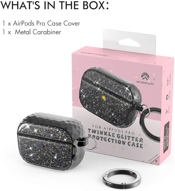 AhaStyle Luxury AirPods Pro Case Cover Glittery for Women Girls, Glossy Hard Shell Protective Case Cover Accessories Compatible with Apple AirPods Pro Charging Case (Black)