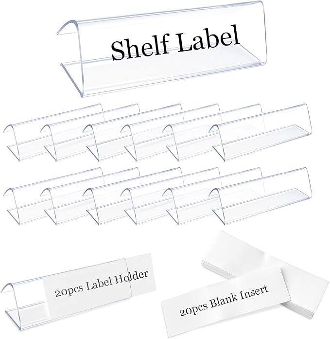 Plastic Shelf Label Holders - 20 PCS Clear Wire & Wood Shelf Label Clips, Wood Sign and Tag Ticket Label Holders Clips On to Shelves 0.78" Thick Shelves, Includes Blank Inserts