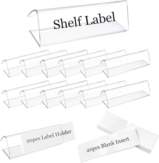 Plastic Shelf Label Holders - 20 PCS Clear Wire & Wood Shelf Label Clips, Wood Sign and Tag Ticket Label Holders Clips On to Shelves 0.78" Thick Shelves, Includes Blank Inserts
