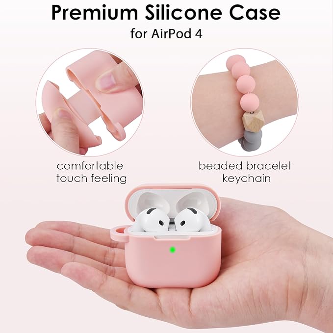 Apple AirPods 4 Case, Cute Apple AirPods 4 Case Cover for Women Girls, Silicone Protective Case with Bracelet Keychain (Pink, AirPods 4 Case)