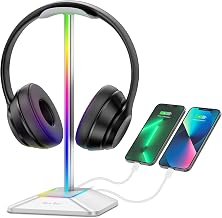 New Bee RGB Headphone Stand with 1 USB-C Charging Port and 1 USB Charging Port, Desk Gaming Headset Stand with 7 Light Modes and Non-Slip Rubber Base Suitable for All Earphone Accessories (Silver) - Image 1