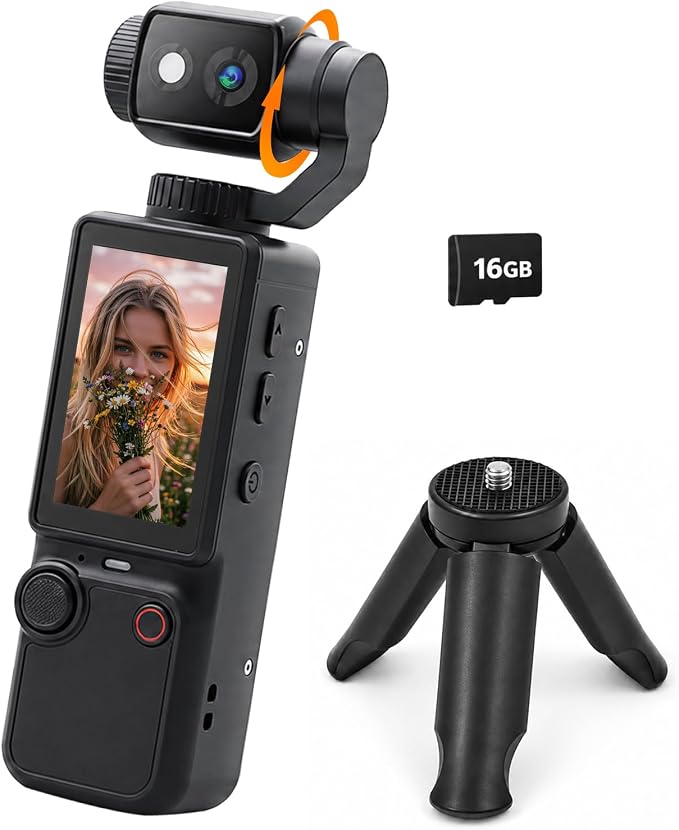 4K Vlogging Camera with Rotating Lens, Pocket Camera with 2" Screen,Black