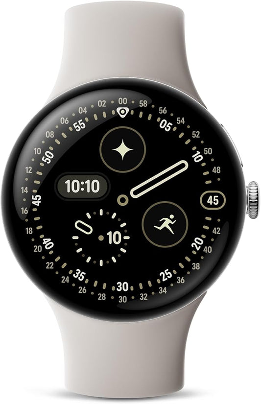 Google Pixel Watch 4 (45mm) - Android Smartwatch with Heart Rate and Sleep Tracking - 40-Hour Battery - Fitness Tracking - Google AI - Polished Silver Aluminum Case - Porcelain Active Band - Wi-Fi