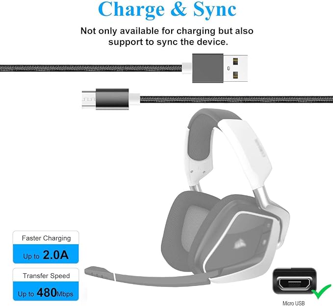 Akingdleo Replacement USB Charging Cable for Gaming Void RGB Elite Wireless Premium Gaming Headset Micro USB Cable (5ft Black)