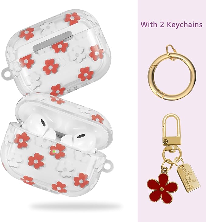 Compatible with AirPods Pro 2 Case Cover 2022, Soft TPU with Cute Flower Pattern for AirPods Pro 2nd/1st Generation Case with Flower Keychain and Carabiner for Girls Women (Red)