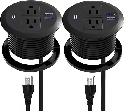 2 Pack Desktop Power Grommet,PD20W Fast Charging USB-C.3-inch Round Flush-Mount Desk Outlet,Meeoueoiu Recessed Grommet Outlet,3 USB Ports,2 AC Outlets,ETL Listed,6.5-FT Cord,Black