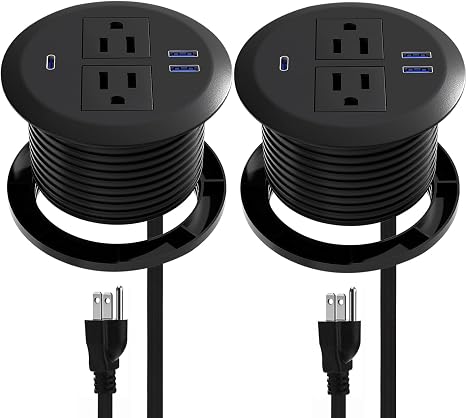 2 Pack Desktop Power Grommet,PD20W Fast Charging USB-C.3-inch Round Flush-Mount Desk Outlet,Meeoueoiu Recessed Grommet Outlet,3 USB Ports,2 AC Outlets,ETL Listed,6.5-FT Cord,Black