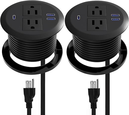 2 Pack Desktop Power Grommet,PD20W Fast Charging USB-C.3-inch Round Flush-Mount Desk Outlet,Meeoueoiu Recessed Grommet Outlet,3 USB Ports,2 AC Outlets,ETL Listed,6.5-FT Cord,Black