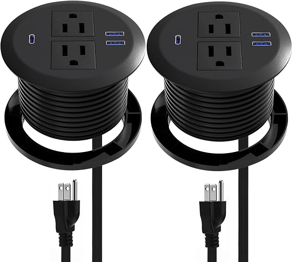 2 Pack Desktop Power Grommet,PD20W Fast Charging USB-C.3-inch Round Flush-Mount Desk Outlet,Meeoueoiu Recessed Grommet Outlet,3 USB Ports,2 AC Outlets,ETL Listed,6.5-FT Cord,Black