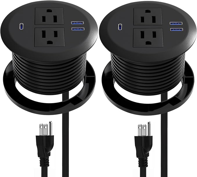 2 Pack Desktop Power Grommet,PD20W Fast Charging USB-C.3-inch Round Flush-Mount Desk Outlet,Meeoueoiu Recessed Grommet Outlet,3 USB Ports,2 AC Outlets,ETL Listed,6.5-FT Cord,Black