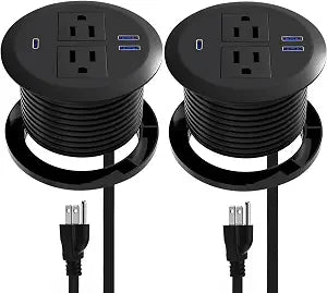 2 Pack Desktop Power Grommet,PD20W Fast Charging USB-C.3-inch Round Flush-Mount Desk Outlet,Meeoueoiu Recessed Grommet Outlet,3 USB Ports,2 AC Outlets,ETL Listed,6.5-FT Cord,Black