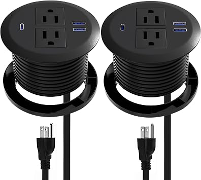 2 Pack Desktop Power Grommet,PD20W Fast Charging USB-C.3-inch Round Flush-Mount Desk Outlet,Meeoueoiu Recessed Grommet Outlet,3 USB Ports,2 AC Outlets,ETL Listed,6.5-FT Cord,Black
