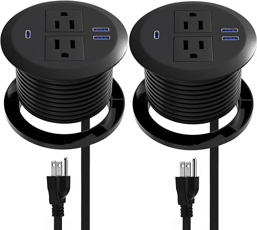 2 Pack Desktop Power Grommet,PD20W Fast Charging USB-C.3-inch Round Flush-Mount Desk Outlet,Meeoueoiu Recessed Grommet Outlet,3 USB Ports,2 AC Outlets,ETL Listed,6.5-FT Cord,Black