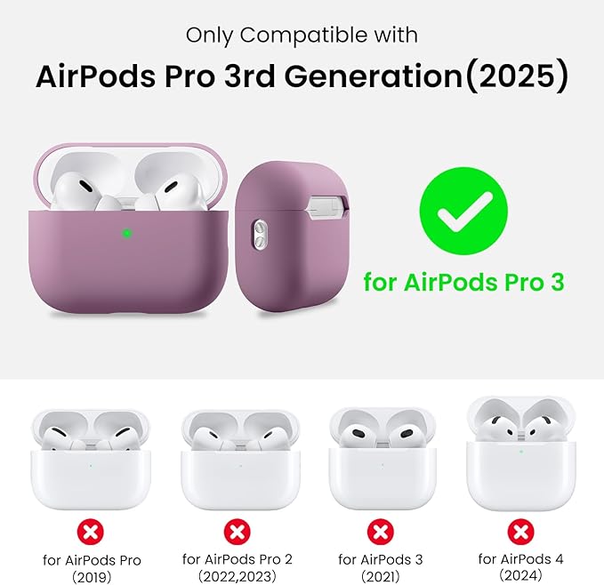 ORNARTO Compatible with AirPods Pro 3 Case 2025, Full Protective Hybrid Silicone for AirPods Pro 3rd Generation Case, Front LED Visible Skin Cover-Lilac Purple